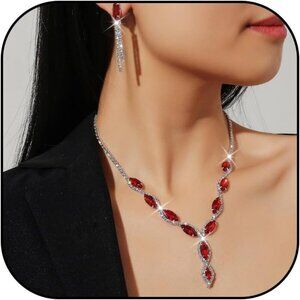 🆕Women Red Formal Necklace and Earrings Set Prom Jewelry Set Accessories